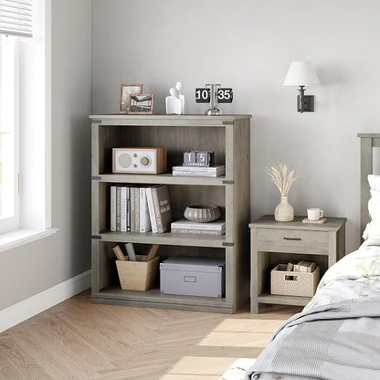 GarveeHome 3 Tier Farmhouse Bookcase, 39.9 in Tall Book Shelf with Storage, Wooden Bookshelves 3 Shelf Display Shelvesfor Home Office, Living Room, Bed Room (Grey, 39.9 in H x 31.5 in W x 12.8 in D)