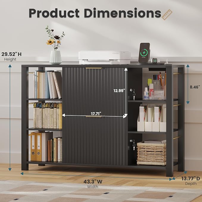 Filing Cabinet for Home Office, Fluted Wood File Cabinet with 2 Drawers Fit Letter/Legal/A4 Folders with Tabs, 43.3" W Printer Stand with Lock & 2 Power Outlets, 6 Storage Shelves (1, Black)