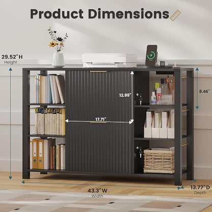Filing Cabinet for Home Office, Fluted Wood File Cabinet with 2 Drawers Fit Letter/Legal/A4 Folders with Tabs, 43.3" W Printer Stand with Lock & 2 Power Outlets, 6 Storage Shelves (1, Black)