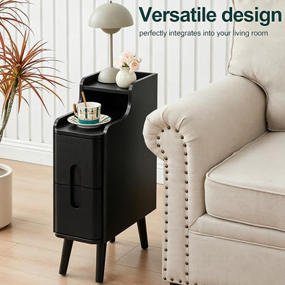 Black Narrow Nightstand, Wood 2 Drawer Small Nightstand, Slim Side Table, Modern Skinny End Bedside Table, Wood Night Stand with Drawers for Bedroom (Black-1 pc)