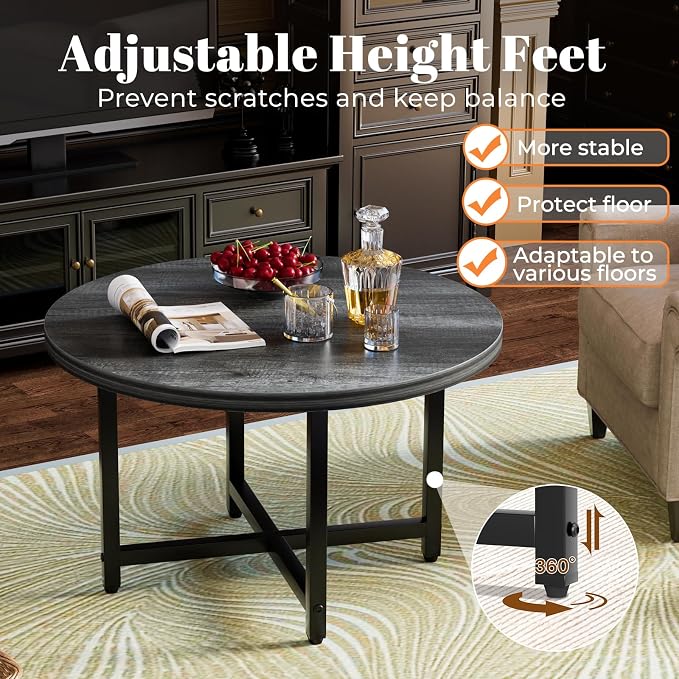 FAMIDGE Round Coffee Table, Small Coffee Tables for Living Room, Wood Coffee Table with Metal Frame, Floor Table Desk for Sitting on The Floor, Home, Office, Farmhouse, Dark Gray (23.6" D x 17.7" H)
