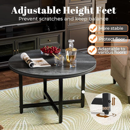FAMIDGE Round Coffee Table, Small Coffee Tables for Living Room, Wood Coffee Table with Metal Frame, Floor Table Desk for Sitting on The Floor, Home, Office, Farmhouse, Dark Gray (23.6" D x 17.7" H)