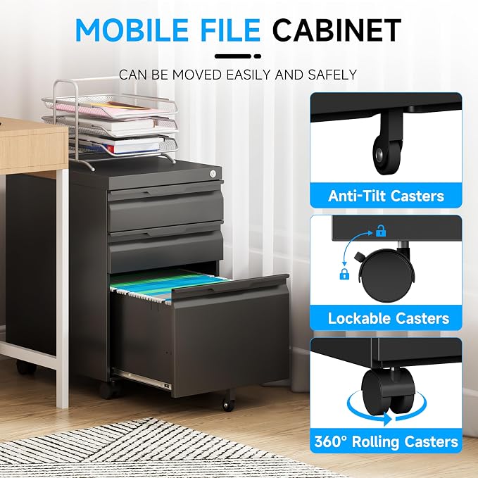 Bestoo Mobile File Cabinet with Lock, 3 Drawer Filing Cabinet, Under Desk Metal Rolling Filing Cabinets for Home Office, Fits Letter/Legal/A4 Size File, Easy Assembly