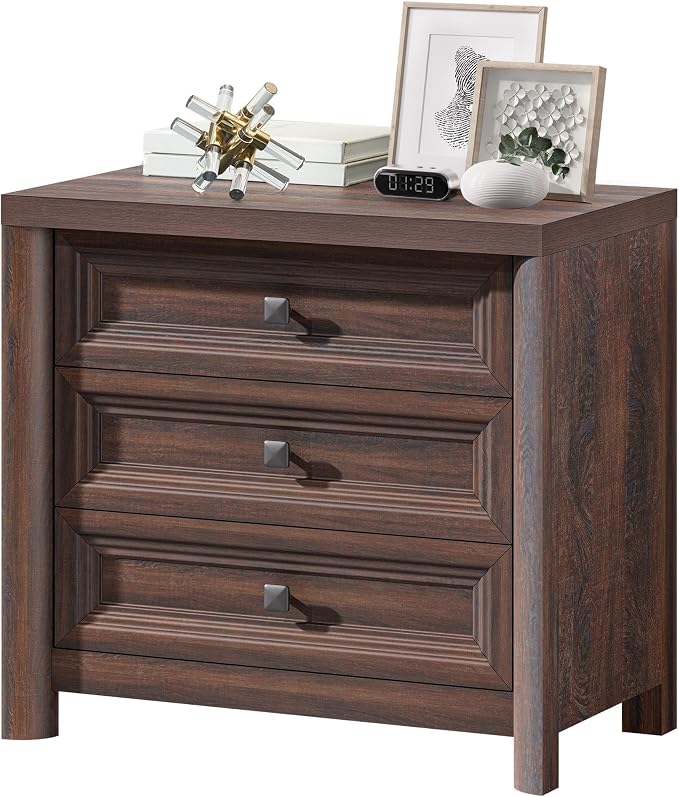 Farmhouse Walnut Nightstand, Large Nightstand with 3 Drawers, Wood Night Stand for Bedroom, Modern End Table for Living Room Closet, 26.7” Wide with Metal Knobs