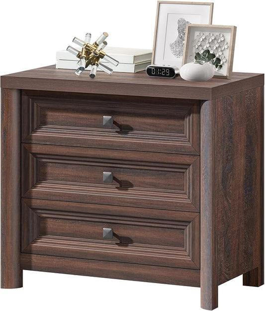 Farmhouse Walnut Nightstand, Large Nightstand with 3 Drawers, Wood Night Stand for Bedroom, Modern End Table for Living Room Closet, 26.7” Wide with Metal Knobs