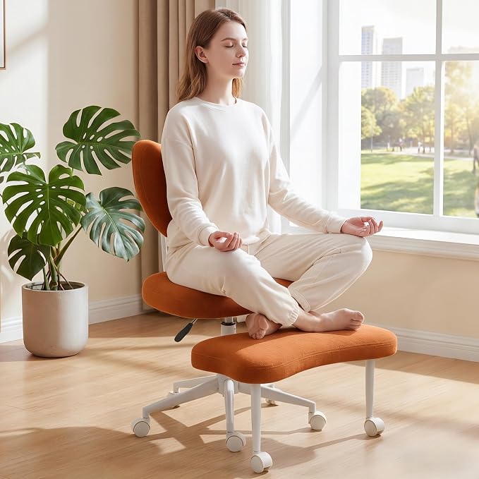 Cross Legged Office Chair with Wheels, 360 Swivel Height-Adjustable Meditation Chair with Lumbar Support, Orange