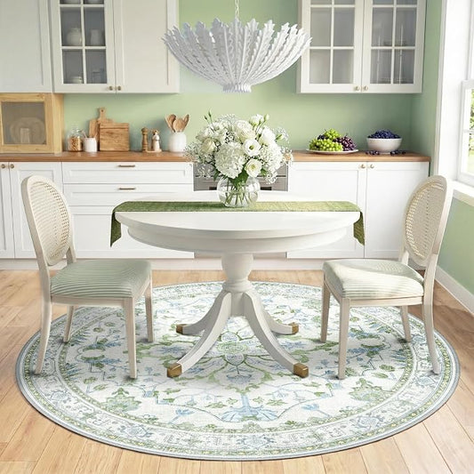 RELEANY Area Rugs Round 6ft Washable Non-Slip, Floral Vintage Distress Medallion Carpet for Living Room Bedroom Dining Room, Green White Blue