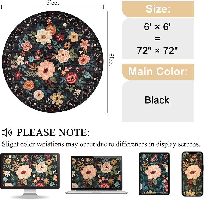 DUKINO Floral Round Rug, 6ft Washable Circle Rug, Non Slip Indoor Low Pile Circle Rug, Soft Small Boho Design Carpet for Bedroom, Entryway, Living Room, Dining Room, Black