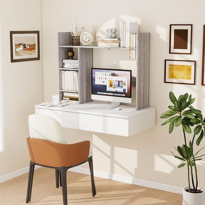 FTZxHKLX Desktop Bookshelf, Wooden Desk Hutch for Computer Monitor Up to 27'' with 3 Open Storage Shelves, Large 4-Tier Desk Organizer for Dorm Office Home, Wash Grey