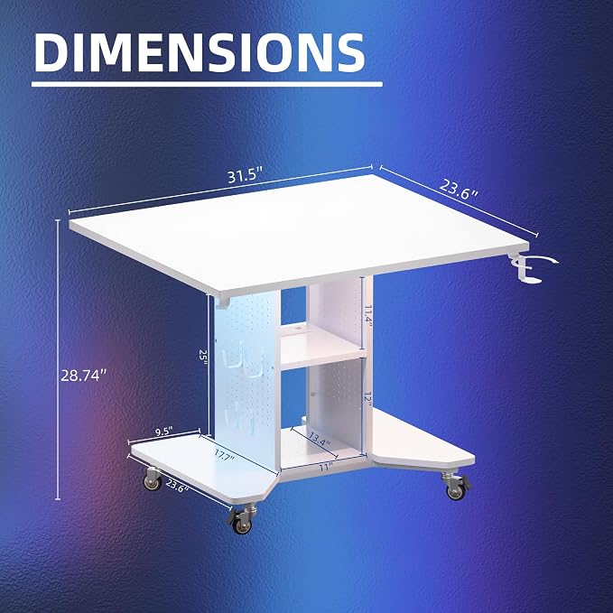 Pamray Small Gaming Desk Rolling Computer Table White | Movable, with Led Lights Power Outlets, with Storage Pegboard and Hook, Sturdy, Suitable for Study Gaming Bedroom Dorm