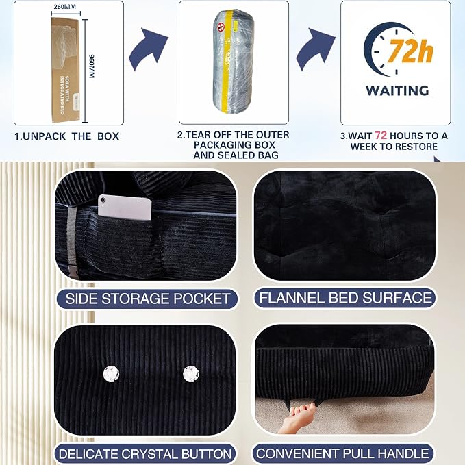 Folding Sofa Bed, Flannel Futon Couch Bed with Pillow and Blanket, Convertible Sleeper Chair for Living Room Bedroom (Two Black)