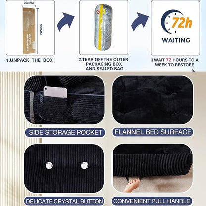 Folding Sofa Bed, Flannel Futon Couch Bed with Pillow and Blanket, Convertible Sleeper Chair for Living Room Bedroom (Two Black)