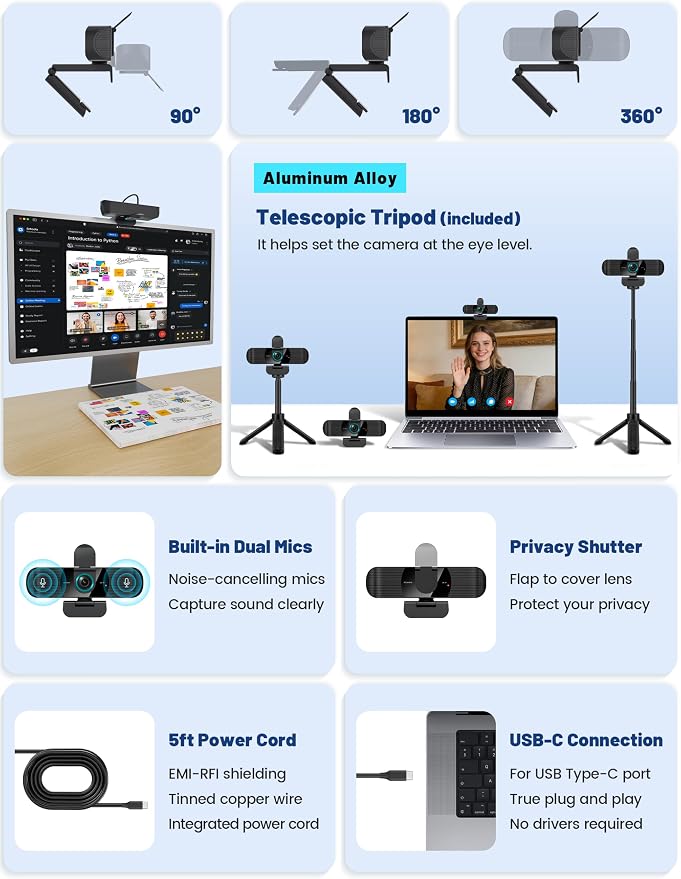 Pro QHD 2K/60fps Webcam with Tripod, External USB-C Camera for PC/Laptop | Dual noise-cancelling mics | Auto-focus | Wide-angle | Low-light correction | 360° rotation | CMOS sensor | Plug and Play