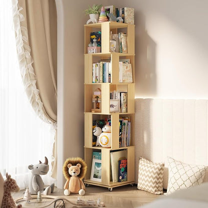 5 Tier Solid Wood Rotating Bookshelf Tower on Wheels, 360° Upgrade Spinning Book Shelf, Revolving Bookcase Organizer, Swivel Bookshelves for Small Spaces, Corner, Bedroom, Kids Room (Warm Wood)