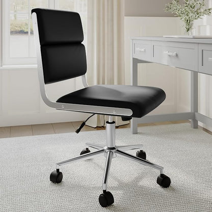 Martha Stewart Lulu Swivel Task Chair with Height Adjustable Seat for Home Office in Black Faux Leather with Polished Nickel Frame