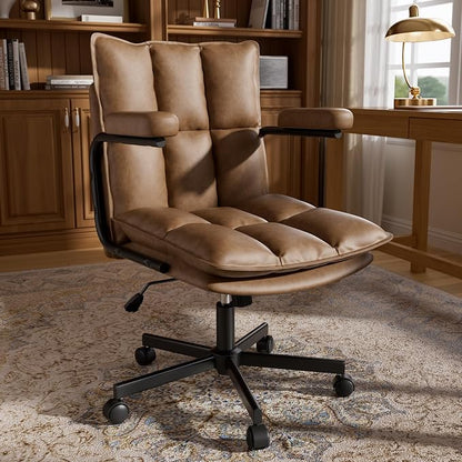 Ollega Mid Century Modern Desk Chair, Vintage Leather Office Chair, Brown | Petite Computer Chair for Small to Medium Women, Thickened Back, Cozy Seat, Adjustable Height for Home