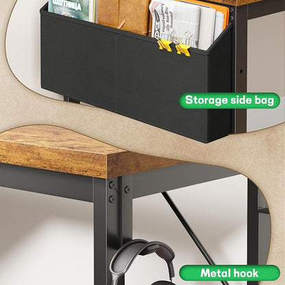 DurayLoly 63" L Shaped Desk with Power Outlets and LED Lights, Reversible Corner Home Office Desk, 0.95" Thick Desktop 220 lbs Capacity, Computer Gaming Desk for Bedroom Study, Brown