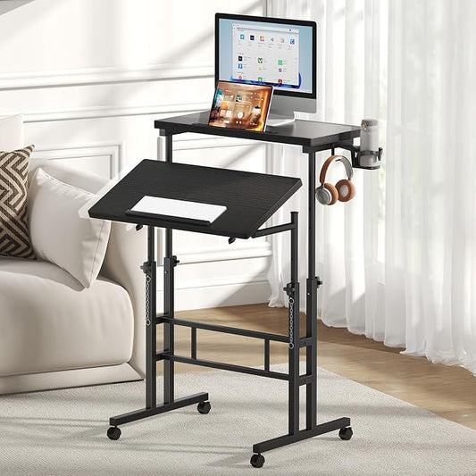 DUMOS Split Top Rolling Standing Desk 23.6 Inch Mobile Laptop Workstation Manual Height Adjustable Sit Stand Office Table Walking Pad Study Surface Portable Home Office Computer Cart Black