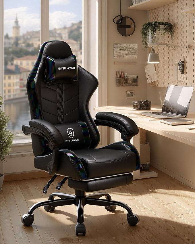 GTPLAYER Gaming Chair with Footrest, Computer Gaming Chair for Adults, Height Adjustable Gamer Chair with 90-155° Recline & Removable Headrest Lumbar Support, 01 Iridescent Black