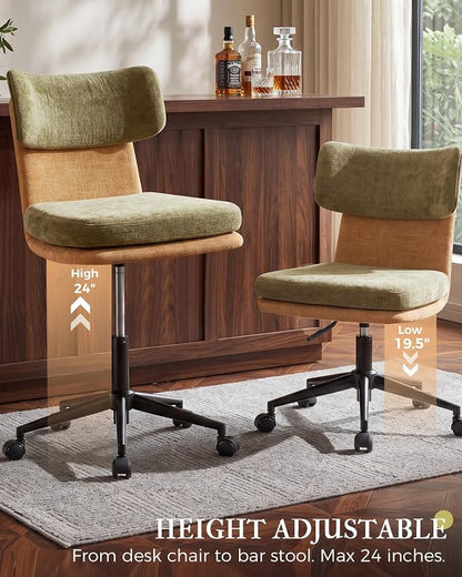 COMHOMA Home Office Desk Chairs with Ergonomic Curved Backrest, Mid Century Modern Vanity Chair with Wheel for Bedroom, Chenille Upholstered, Green