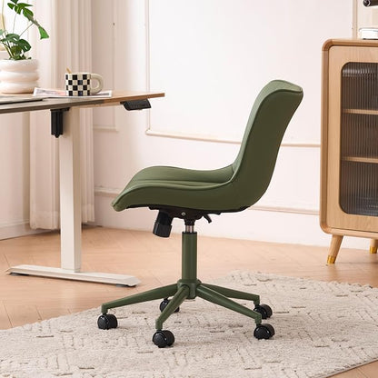 YOUTASTE Green Armless Office Chair, Modern Adjustable Swivel Desk Chair with Wheels, Upholstered PU Leather, Green Metal Legs, Back Support for Home Office, Study, Vanity, Bedroom