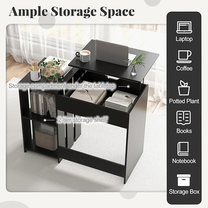 Tangkula Computer Desk with Lift Top, Space Saving Standing Desk with Hidden Compartment and Open Storage Shelves, Study Writing Desk with Lifting Mechanism, Black