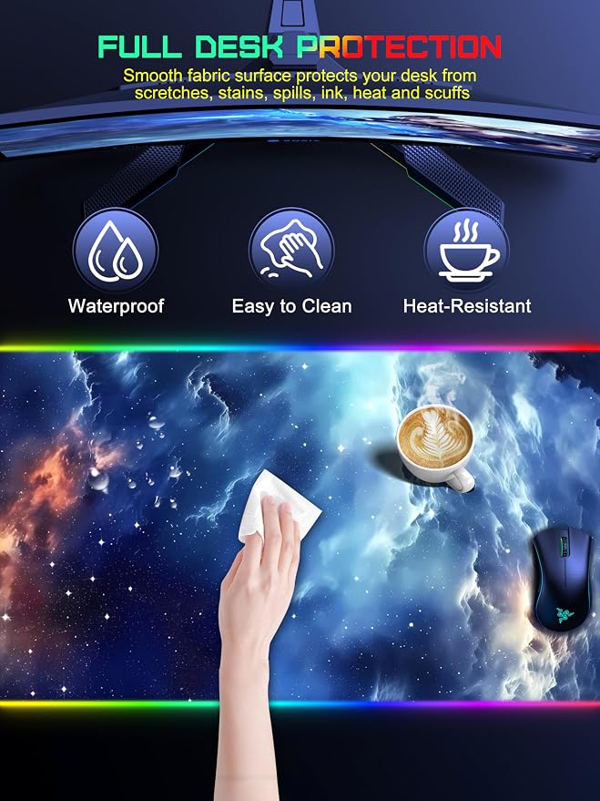 TopMade Wireless Charging Mouse Pad, RGB Gaming Mousepad, 35.4" x 15.8" Extra Large Waterproof Keyboard Desk Pad, Computer Desk Mat, Blue Nebula (Includes 20W PD Power Adapter & 6.56ft Woven Cable)