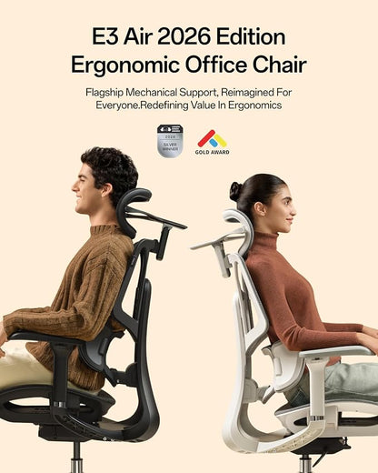 Hbada E3 Air 2026 Ergonomic Office Chair, 3-Zone Lumbar Support, Comfy Home Office Chair with Auto Recline, 4D Headrest & Armrests, 140° Tilt for Work & Relax, Grey