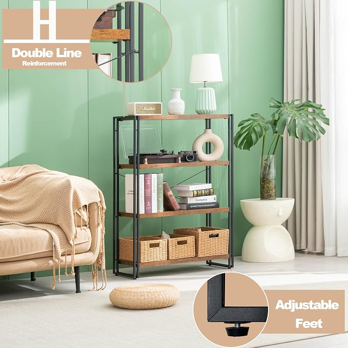 HCHQHS Bookshelf, 4-Tier Industrial Bookcase, Rustic Open Book Shelf, Freestanding Tall Bookshelves with Metal Frame