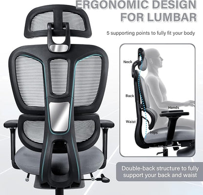 Ergonomic Mesh Office Chair with Retractable Footrest - High Back Computer Chair, Lumbar Support, Adjustable Armrest and Headrest, Durable Base - Multifunctional Home Office Desk Chair for Adults