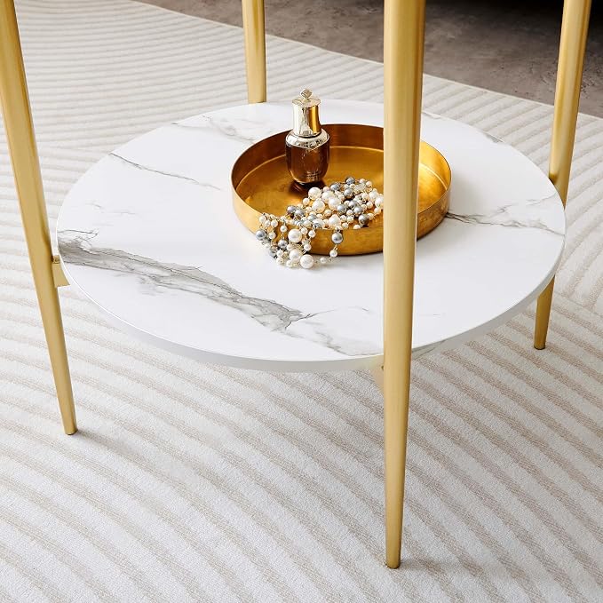 LumFurn Round Glass End Table, Mid-Century Modern Design Sofa Table for Living Room, D18 x H23 in, 2-Tier Structure, Clear Glass Top and White Marble Shelf, Sleek Conical Legs with Gold Finish Frame