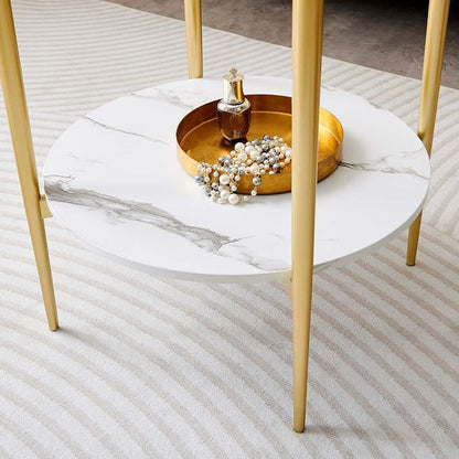LumFurn Round Glass End Table, Mid-Century Modern Design Sofa Table for Living Room, D18 x H23 in, 2-Tier Structure, Clear Glass Top and White Marble Shelf, Sleek Conical Legs with Gold Finish Frame