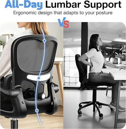 ALLGOD Ergonomic Office Chair, Breathable Mesh Ergonomic Desk Chair with Adjustable Lumbar Support, Flip-up Armrests, Computer Chairs Comfortable for Home, Office, Work, 300lbs, Black, Upgrade