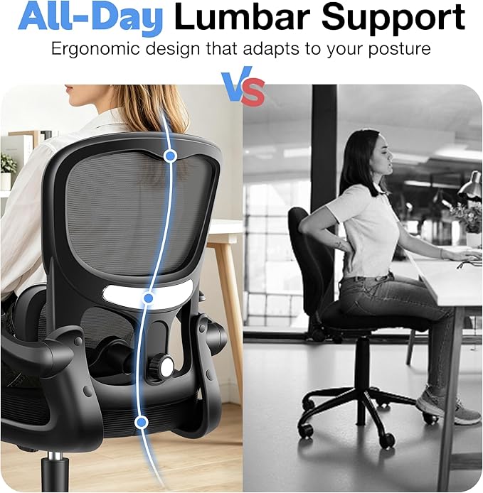 ALLGOD Ergonomic Office Chair, Breathable Mesh Ergonomic Desk Chair with Adjustable Lumbar Support, Flip-up Armrests, Computer Chairs Comfortable for Home, Office, Work, 300lbs, Black (6Pack)