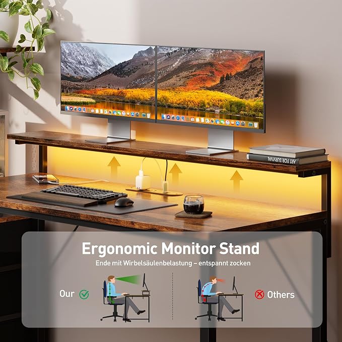 HLDIRECT 44 inch Gaming Desk with 3 Fabric Drawers & Side Hooks-Reversible Home Office Computer Desk with Power Outlets & Led Lights, Gamer Desk Table with Monitor Stand, Rustic Brown