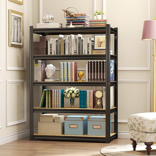 24"W Steel and Wood Book Shelf, 4 Tier Metal Bookcase, 1200LBS Display Shelving, Adjustable Utility Shelf Organizere, Standing Storage Shelves for Study, Bedroom, Living Room and Home Office, Black