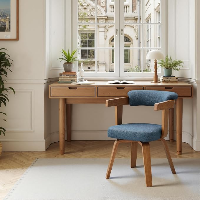 Art Leon Office Chair No Wheels - Mid Century Modern Desk Chair, Fabric Upholstered Accent Arm Chair with Wood Legs for Small Spaces Home Office Living Room Bedroom Study, Off White/Walnut