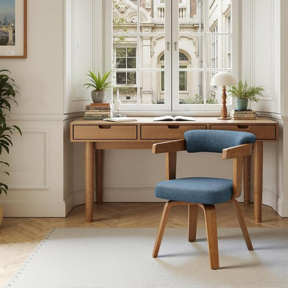 Art Leon Office Chair No Wheels - Mid Century Modern Desk Chair, Fabric Upholstered Accent Arm Chair with Wood Legs for Small Spaces Home Office Living Room Bedroom Study, Off White/Walnut