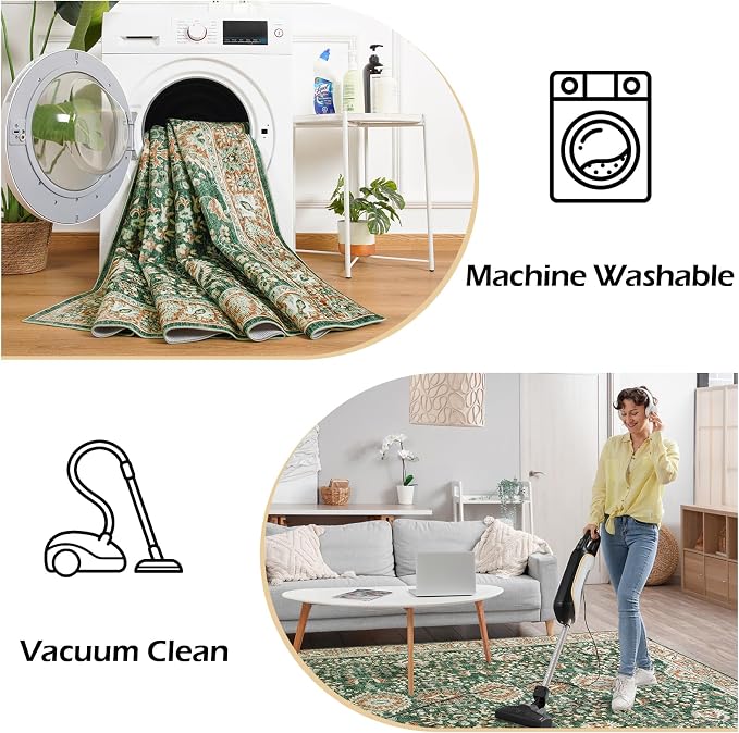 Goideal Washable Rug 3x5, Vintage Area Rugs Non Slip, Indoor Low Pile Carpet with Rubber Backing for Living Room Kitchen Bathroom Entryway Office Bedroom,Green & Orange