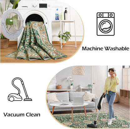 Goideal Washable Rug 4x6, Vintage Area Rugs Non Slip, Indoor Low Pile Carpet with Rubber Backing for Living Room Kitchen Bathroom Entryway Office Bedroom, Green & Orange
