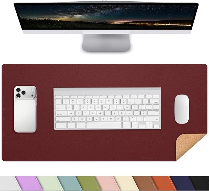 AFIING Leather Desk Pad Protector, 23.6" x 13.7", Red | Dual-Sided Cork & PU Leather, Waterproof, Non-Slip Mouse Pad & Writing Pad for Home, Office, Study & Laptop