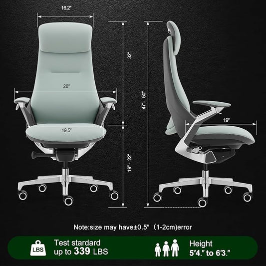 Ergonomic Executive Leather Office Chair-High Back Top Grain Leather with Adjustable Headrest, 3-Position Recline (90°-135°), Tension Control & Height Adjustment, Italian DONATI Base