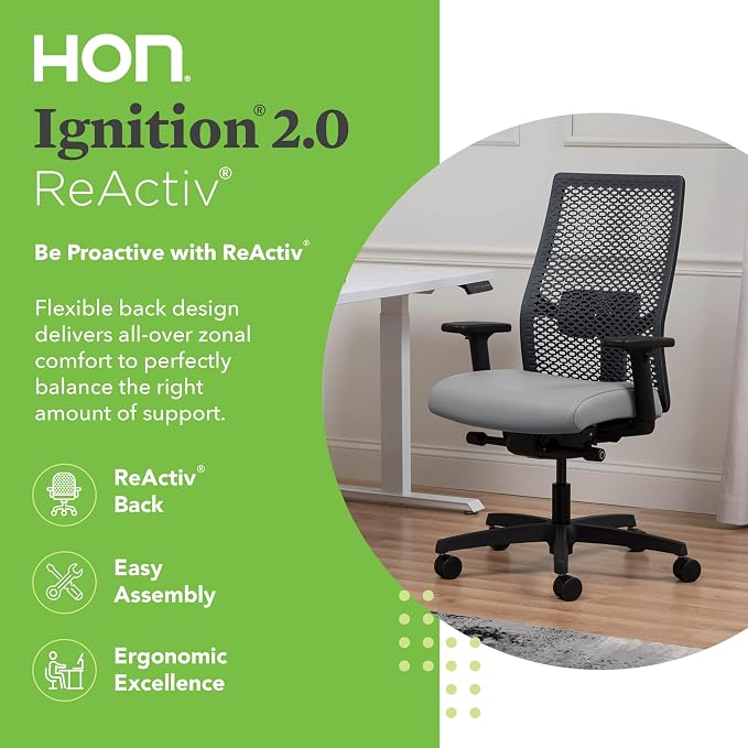 HON Ignition 2.0 ReActiv Ergonomic Office Chair, Mesh Desk Chair with Lumbar Support, Advanced Synchro‑Tilt, Height and Width Adjustable Arms, Swivel Wheels, Black Frame, Steel