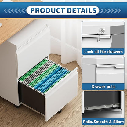 2 Drawer File Cabinet with Lock,Filing Cabinet for Home Office,Small Rolling for Legal/Letter/A4 File,Mobile Cabinets on Wheels Under Desk -White