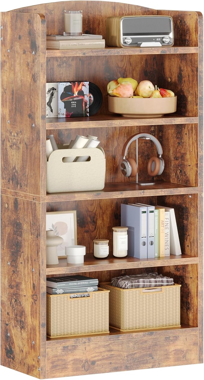 ALISENED 5-Tier Bookcase, Open Bookshelves and Bookcases with Storage Shelves, Floor Standing Unit, Display Storage Shelves for Bedroom Library Living Room Home Office, Brown