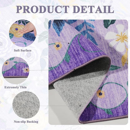 DUKINO 3x5 Area Rug, Floral Rugs for Living Room, Lightweight Non Slip Washable Rug, Indoor Low Pile & Non-Shedding Boho Design Rugs for Bedroom, Living Room, Dining Room, Purple