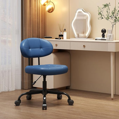 Misolant Vanity Chair with Back, Small Armless Cute Office Chair with Wheels and Lumbar Support, Comfy PU Leather Desk Computer Chairs with Adjustable Height, 360°Swivel for Home Bedroom, Navy Blue