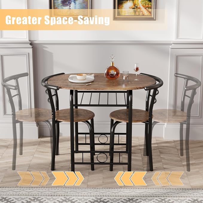 JUMMICO 3-Piece Wooden Round Table & Chair Set, Space Saving Kitchen Breakfast Nook Wood Grain Tabletop with Metal Frame and Built-in Wine Rack for Kitchen, Dining Room (Brown/Black)