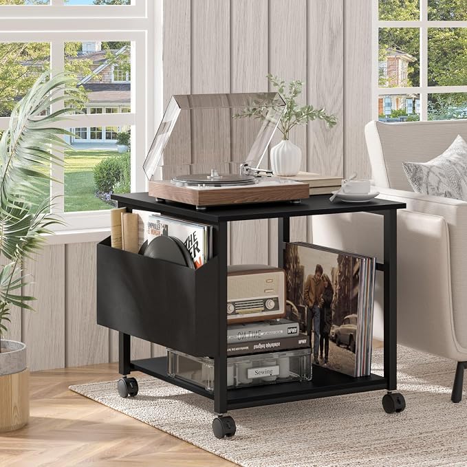 Lerliuo Black Large Printer Stand with Storage, 23.6" W x 23.6" D x 22.8" H Printer Table for Home Office, Rolling Printer Cart Holder with Lockable Wheels, Mobile Mini Fridge Stand Table