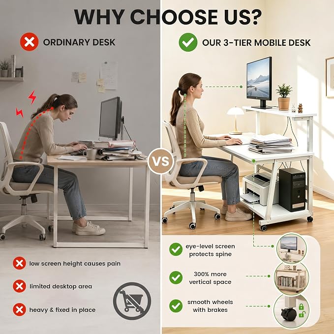 47.2 Inch Compact Rolling Computer Desk with Tier Worktable & Lockable Wheels, Small Computer Desk, Small Desk for Bedroom, Mobile Writing Workstation Easy Assembly for Home Office Small Spaces